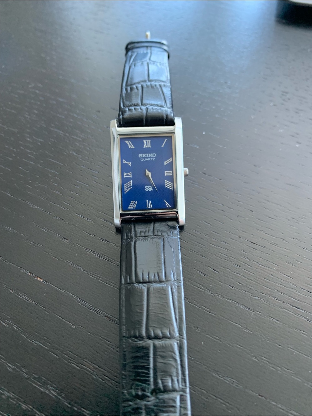 Vintage Seiko Tank watch Blue dial Silver bezel with Black Strap